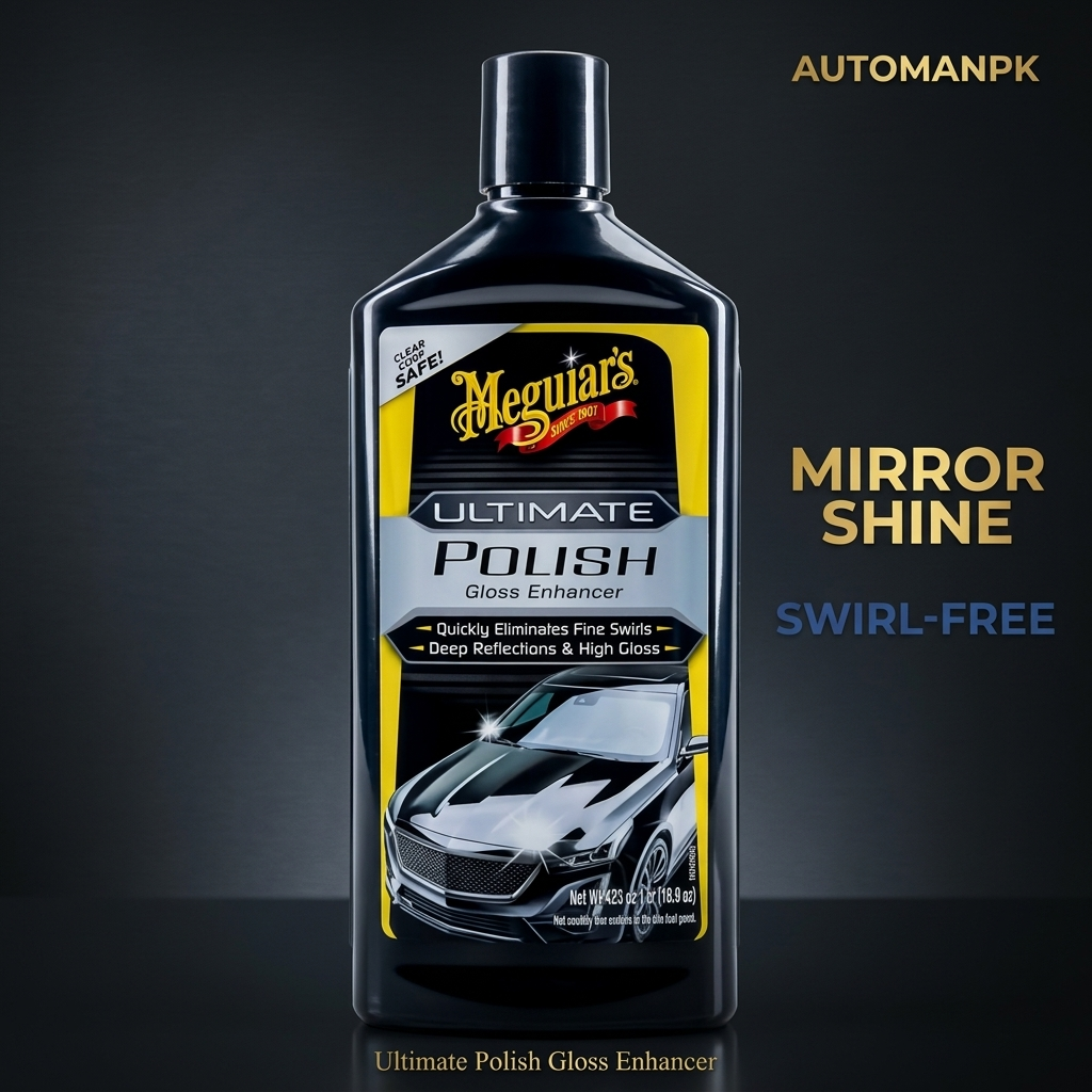 Meguiar's Ultimate Polish Gloss Enhancer bottle on a dark background