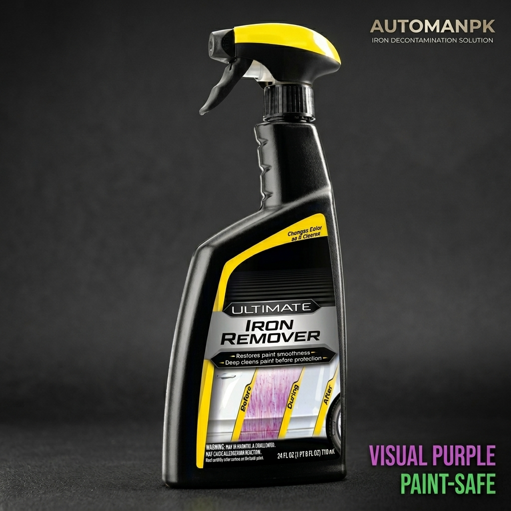 Bottle of Ultimate Iron Remover with a spray nozzle on a dark background