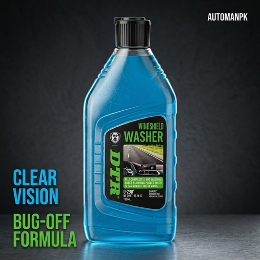 Bottle of windshield washer fluid with clear vision and bug-off formula on a dark background