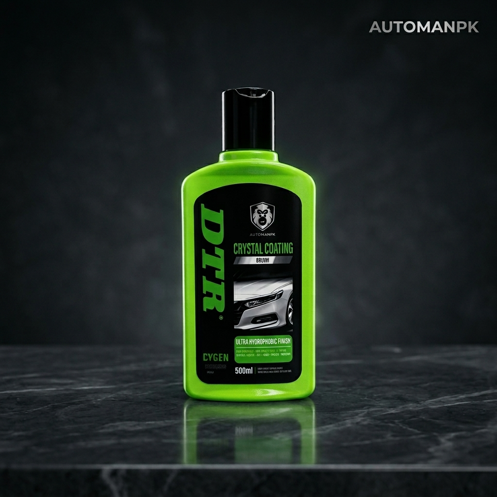 Green bottle of DTR Crystal Coating on a dark surface with a dark background