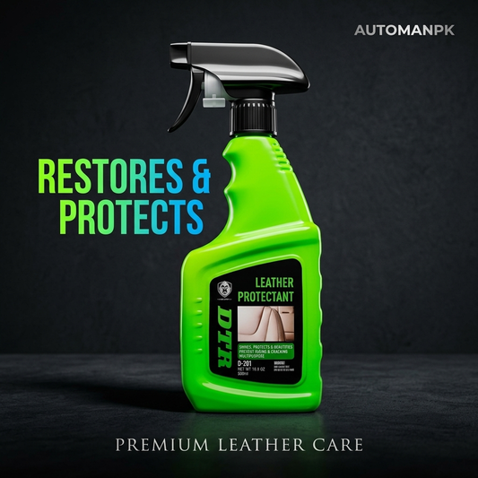 Green spray bottle of leather protectant with text on a dark background