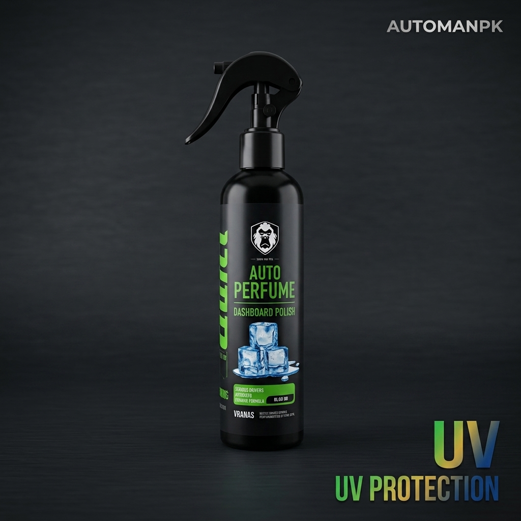 Black spray bottle with green text on a dark background