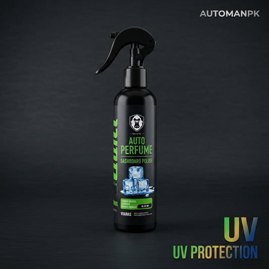 Black spray bottle with green text on a dark background