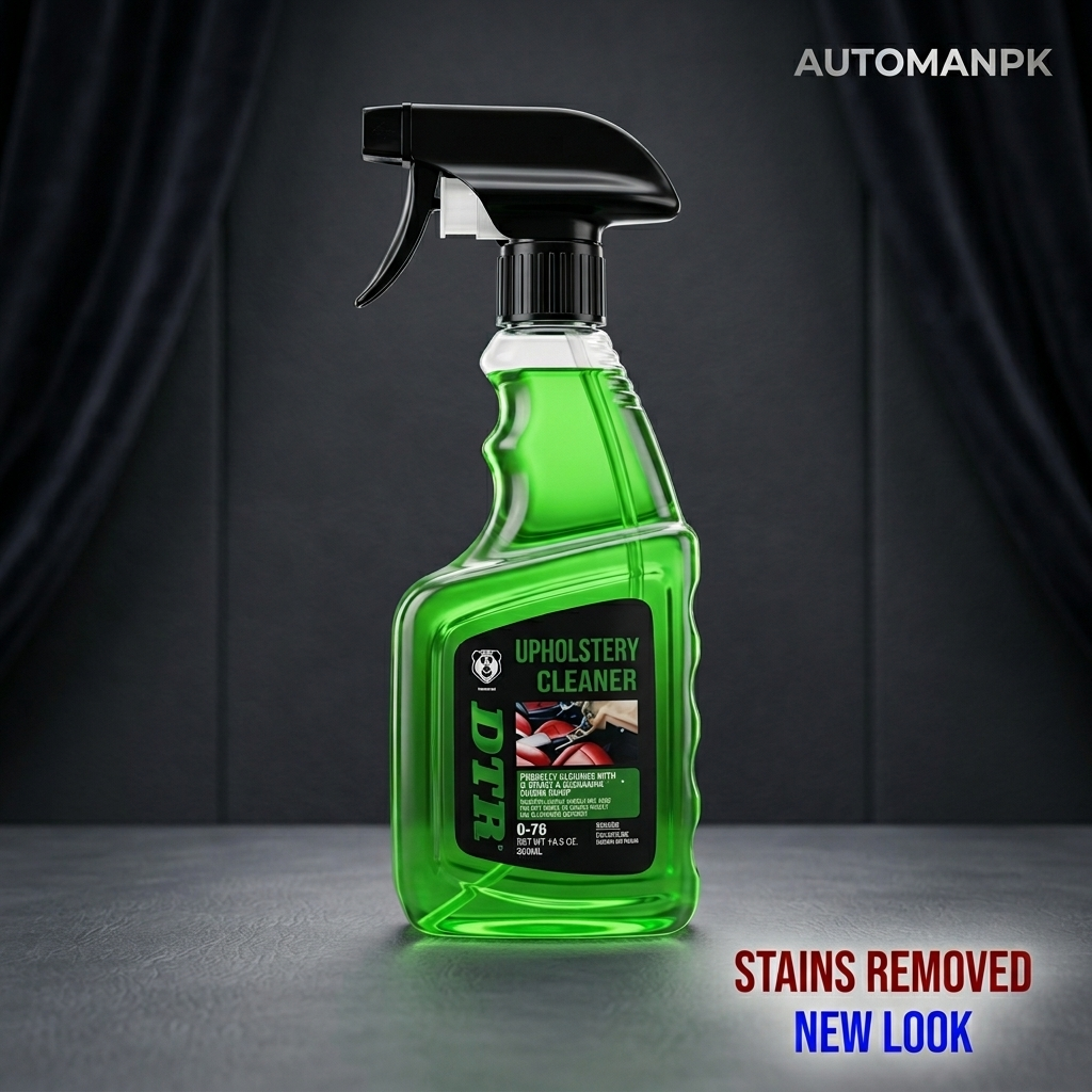 Green spray bottle of upholstery cleaner on a dark background with 'AUTOMANPK' branding.