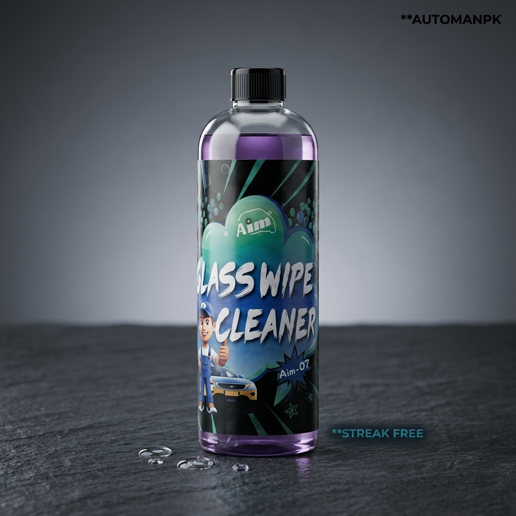 Bottle of glass wipe cleaner with a label on a dark surface