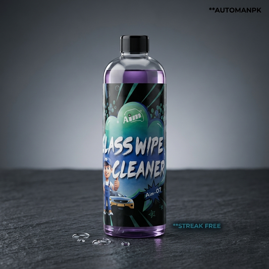 Bottle of glass wipe cleaner with a label on a dark surface
