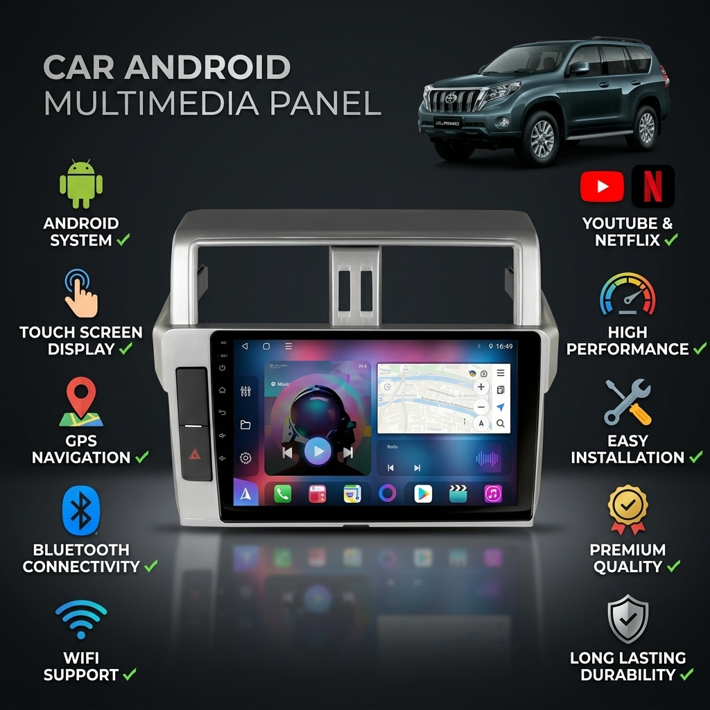 Toyota Prado 2009-2013 9-Inch Android Car Panel (Silver) – GPS, Bluetooth, WiFi & FM Radio