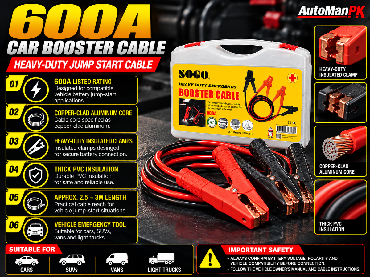 600A car booster cable features copper-clad aluminum core insulated clamps PVC insulation and 2.5-3m length - AutoManPK