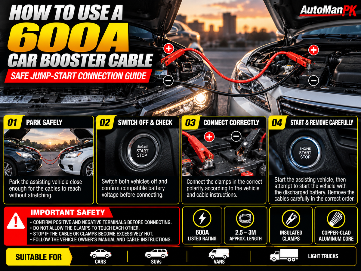 How to use a 600A car booster cable safely for compatible vehicle jump starting - AutoManPK