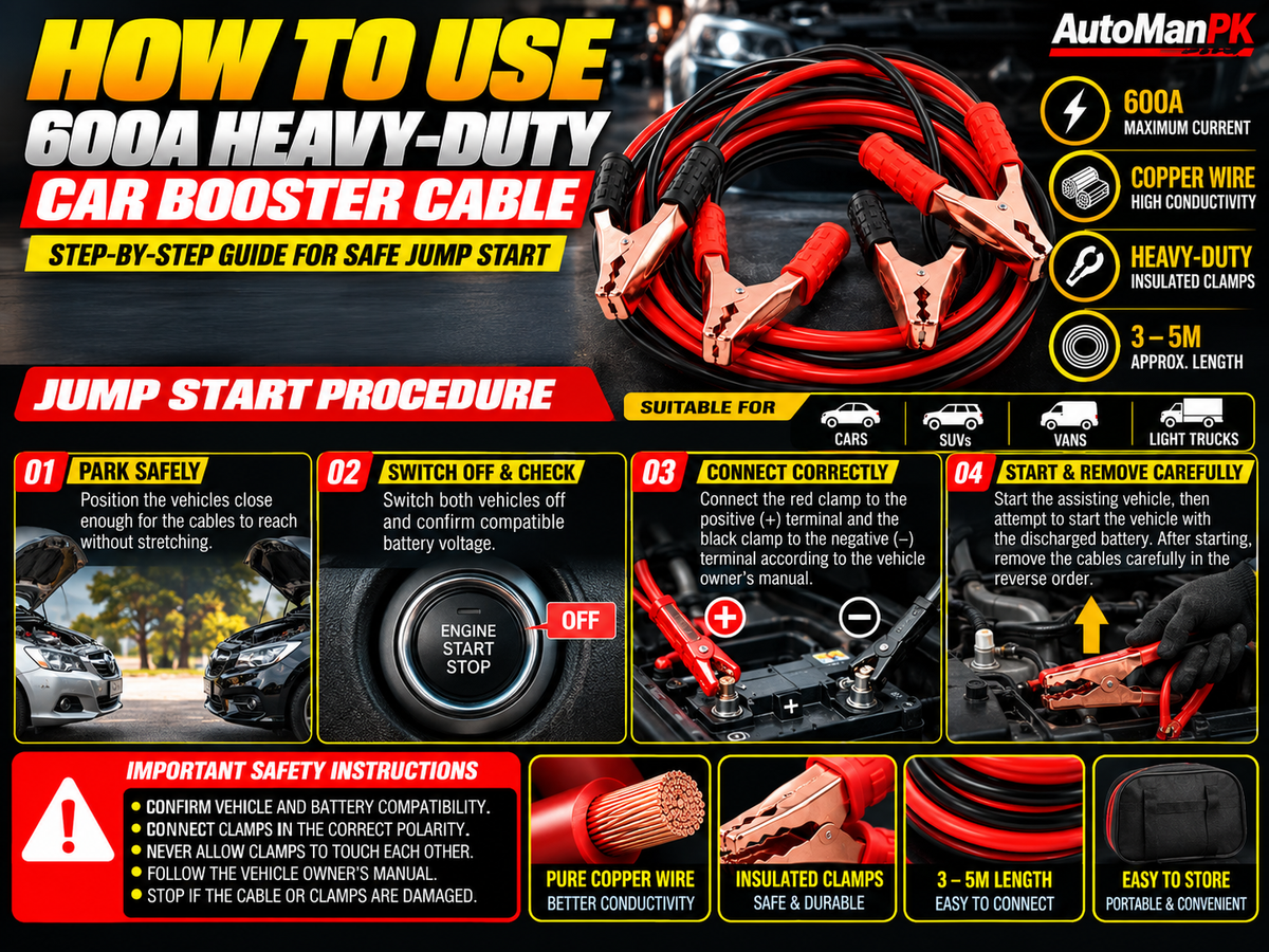 How to use a 600A heavy-duty car booster cable safely for compatible vehicle jump starting - AutoManPK