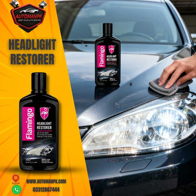 Flamingo Headlight Restorer 300ML bottle on car headlight in Pakistan