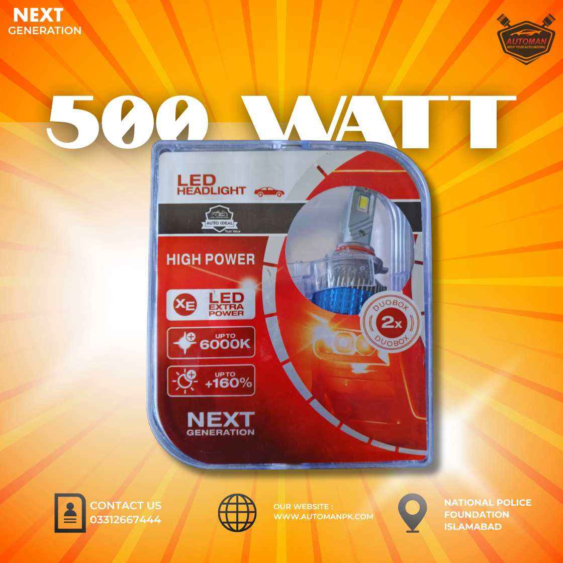 Next Gen Car LED 500 Watt Grip H4 Headlight Bulb Price in Pakistan – 6 Months Warranty