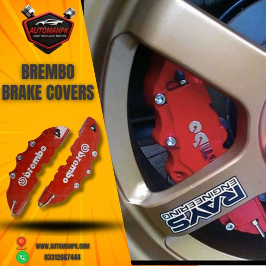 Brembo car brake caliper covers installed on a red sports car – AutoManPK