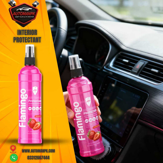 Flamingo Gloss Protectant delivers long-lasting glossy shine and UV protection for car interiors and exteriors.