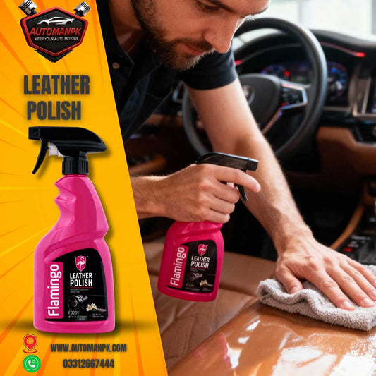 Flamingo Leather Polish 500ml bottle on car leather seat