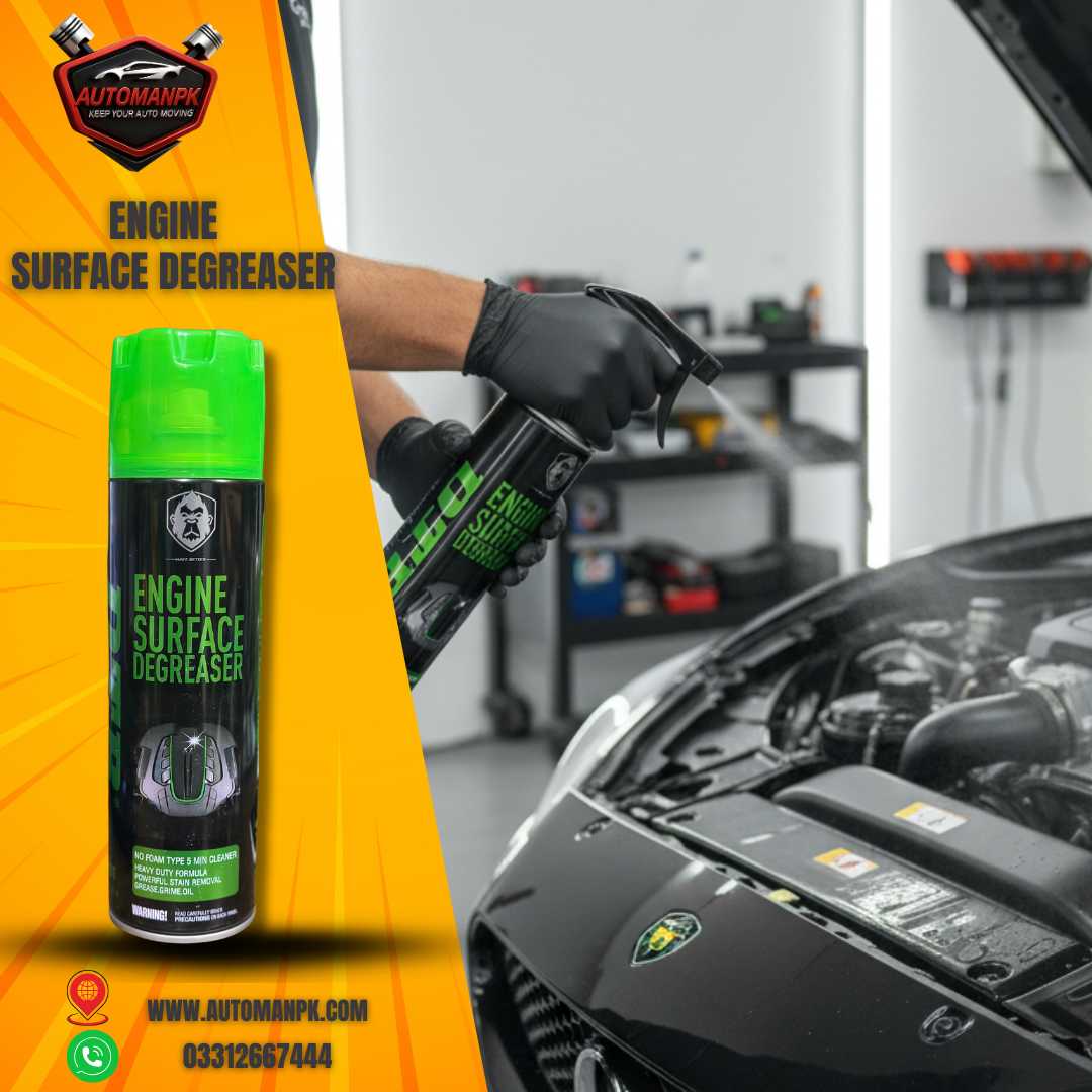 DTR Engine Surface Degreaser 500ml being used on car engine bay at professional auto detailing center in Pakistan
