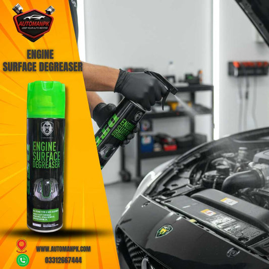 DTR Engine Surface Degreaser 500ml being used on car engine bay at professional auto detailing center in Pakistan
