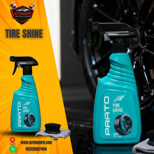 Prato Tire Polish 500ml car tyre shine application on black rubber tyres in Pakistan