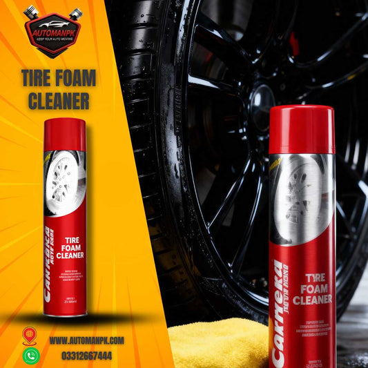 Tire Foam Cleaner 650ml AutomanPK car tire cleaner applying rich foam on vehicle tires
