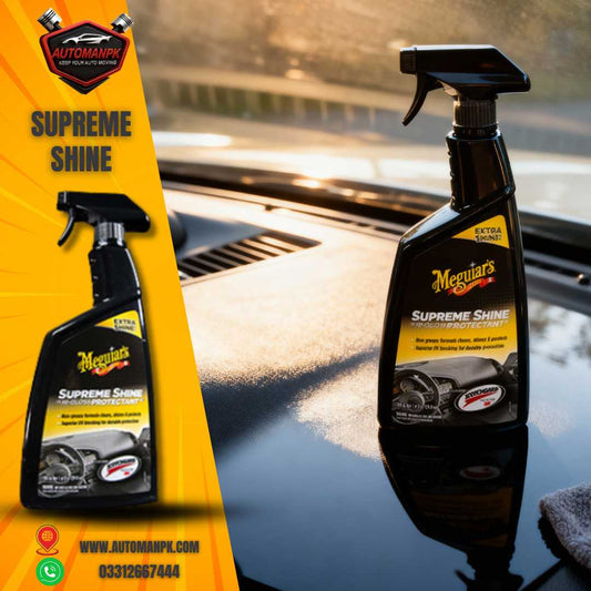 Meguiar’s Supreme Shine Interior Dashboard Polish applied on car dashboard in Pakistan