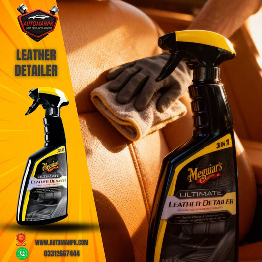 Meguiar’s Ultimate Leather Detailer cleaning and protecting car leather seats in Pakistan