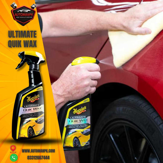Meguiar’s Ultimate Quik Wax spray bottle applied on car exterior for instant shine and paint protection in Pakistan