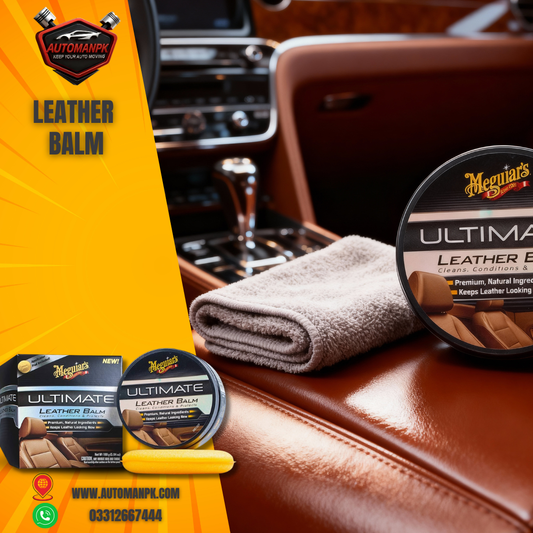 Meguiar’s Ultimate Leather Balm applied on car leather seats for deep conditioning and protection in Pakistan