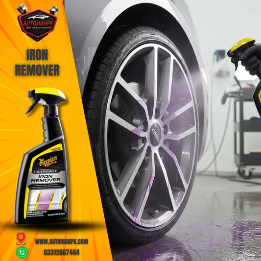Meguiar’s Iron Remover spray removing brake dust and iron fallout from car alloy wheel in Pakistan