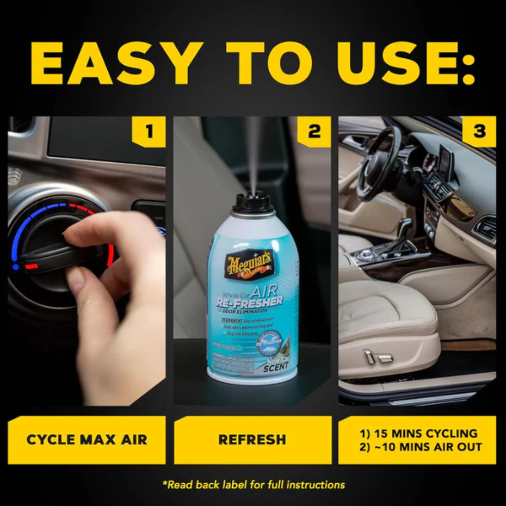 Step-by-step guide on using Meguiar's car air freshener with text indicating ease of use.