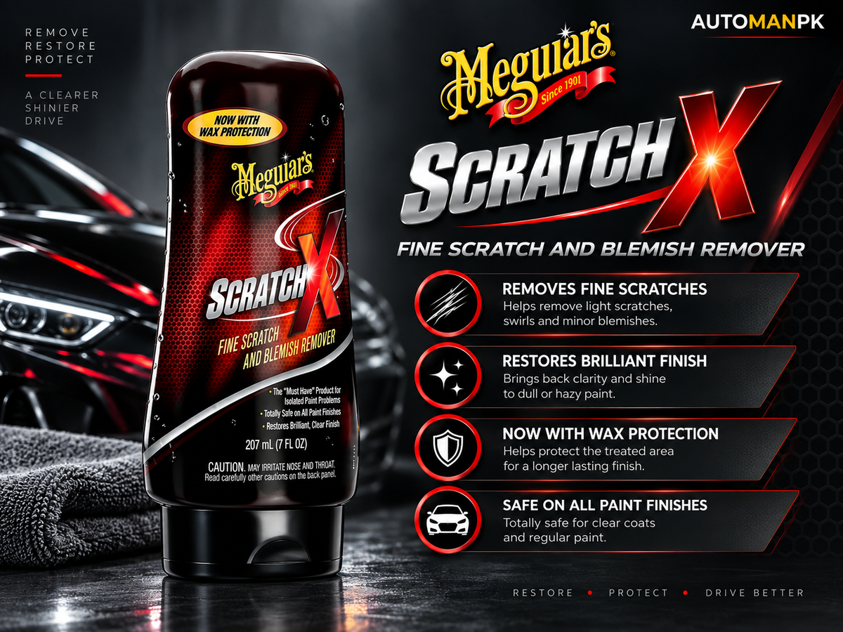 Meguiar's Scratch X Fine Scratch and Blemish Remover bottle shown next to a product information panel on a dark studio background with a blurred car.