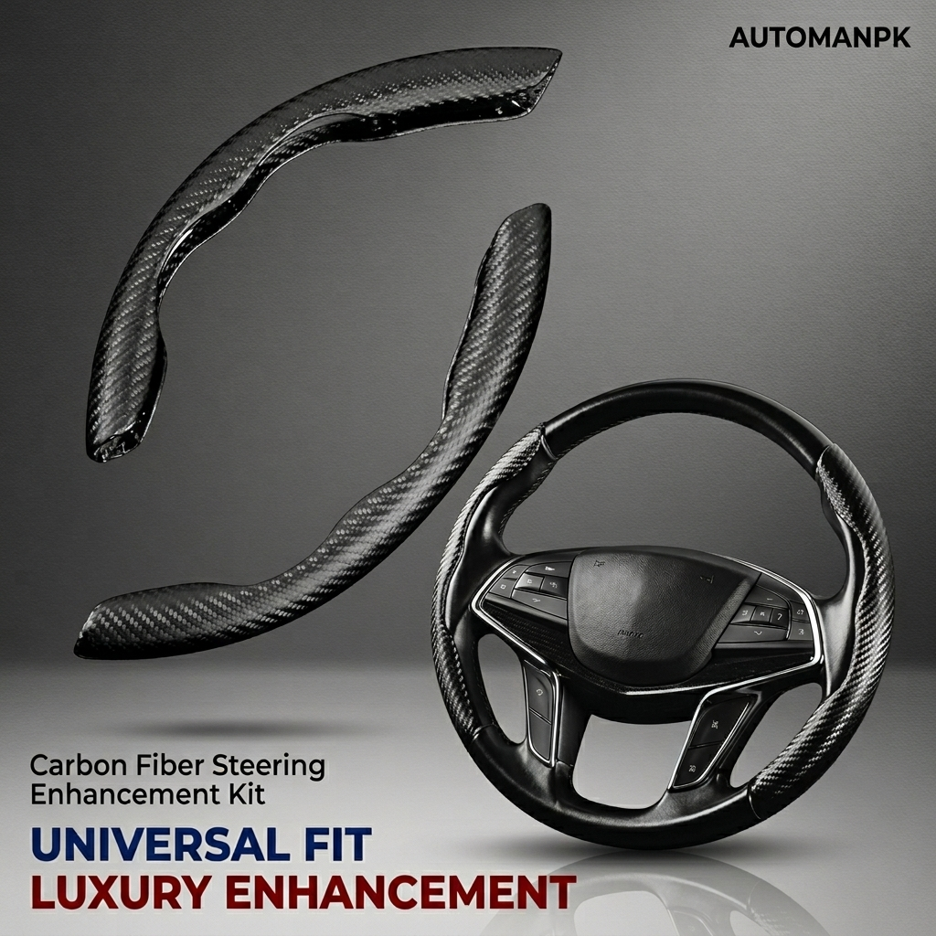 Carbon fiber steering wheel enhancement kit with 'AUTOMANPK' branding on a gray background.