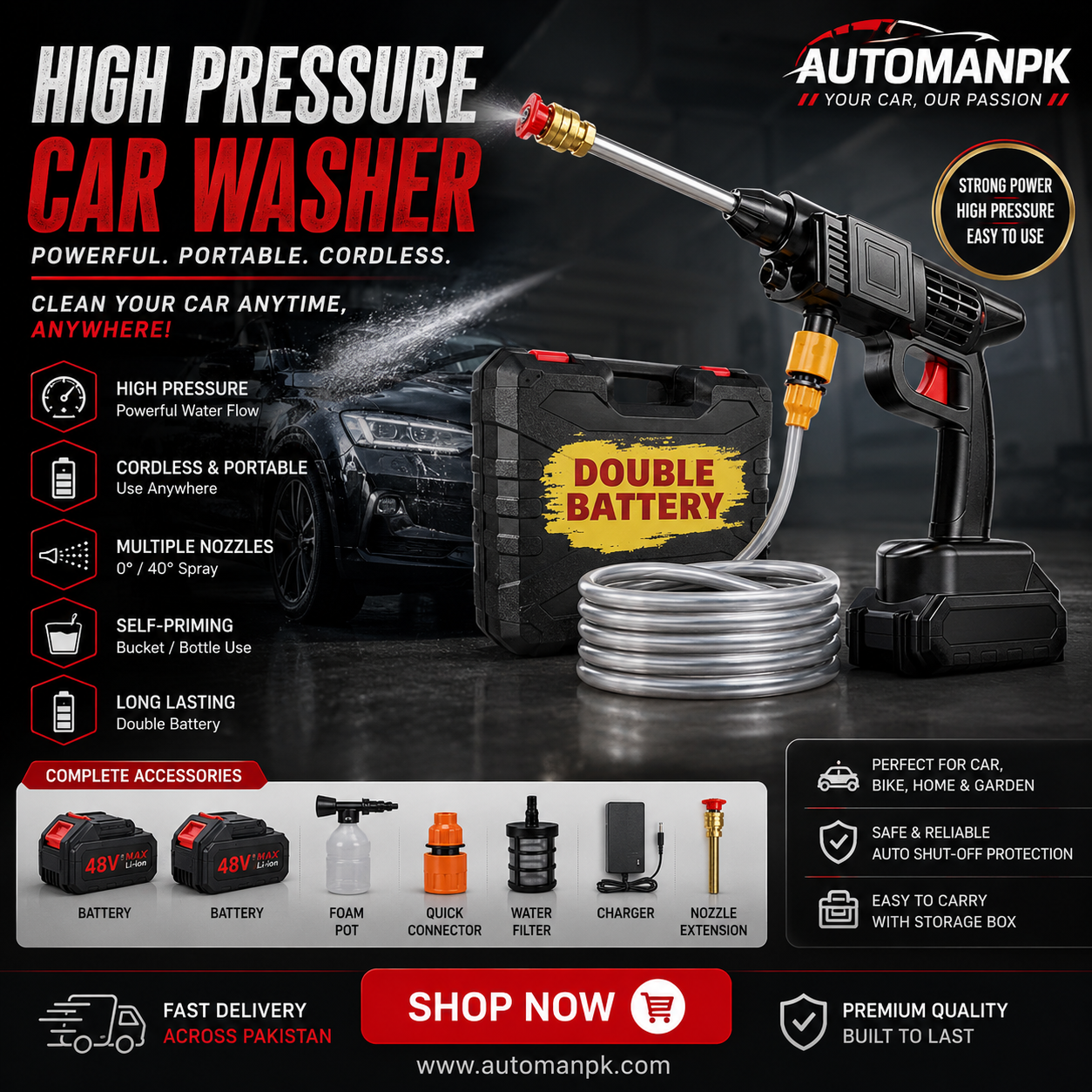 Cordless Pressure Washer 48V – Car, Solar Panel & Bike Wash | 2 Nozzles, Foam Pipe & Bottle