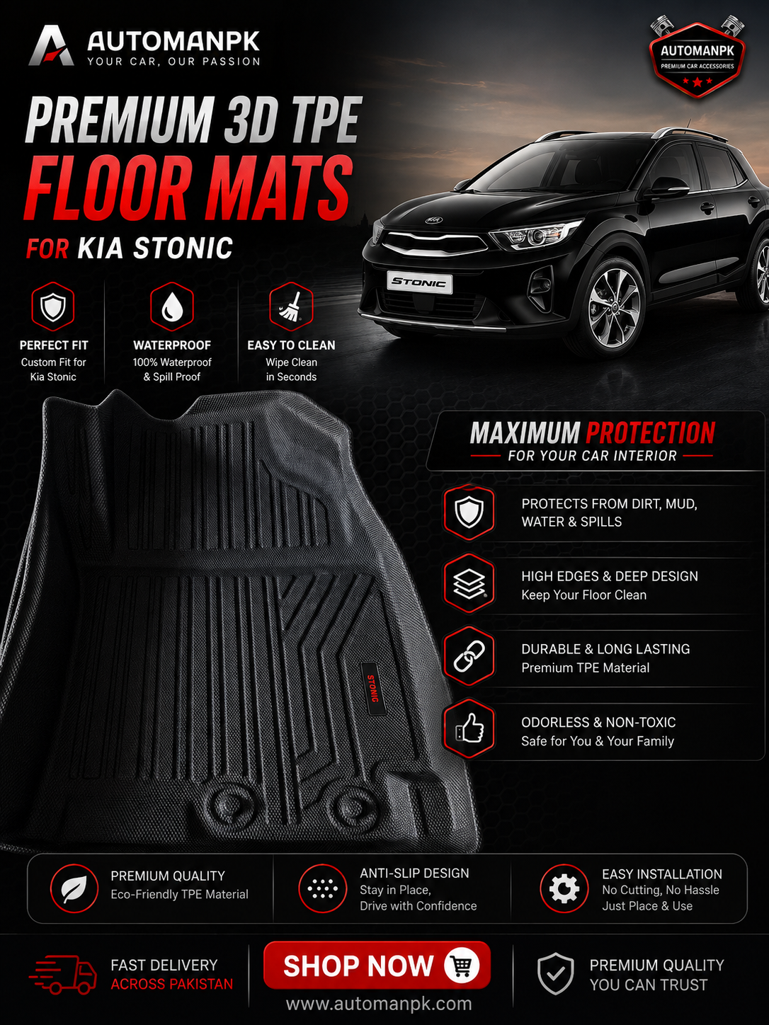 KIA Stonic 2021-2025 TPE Floor Mats – Custom Fit | Waterproof & Anti-Slip