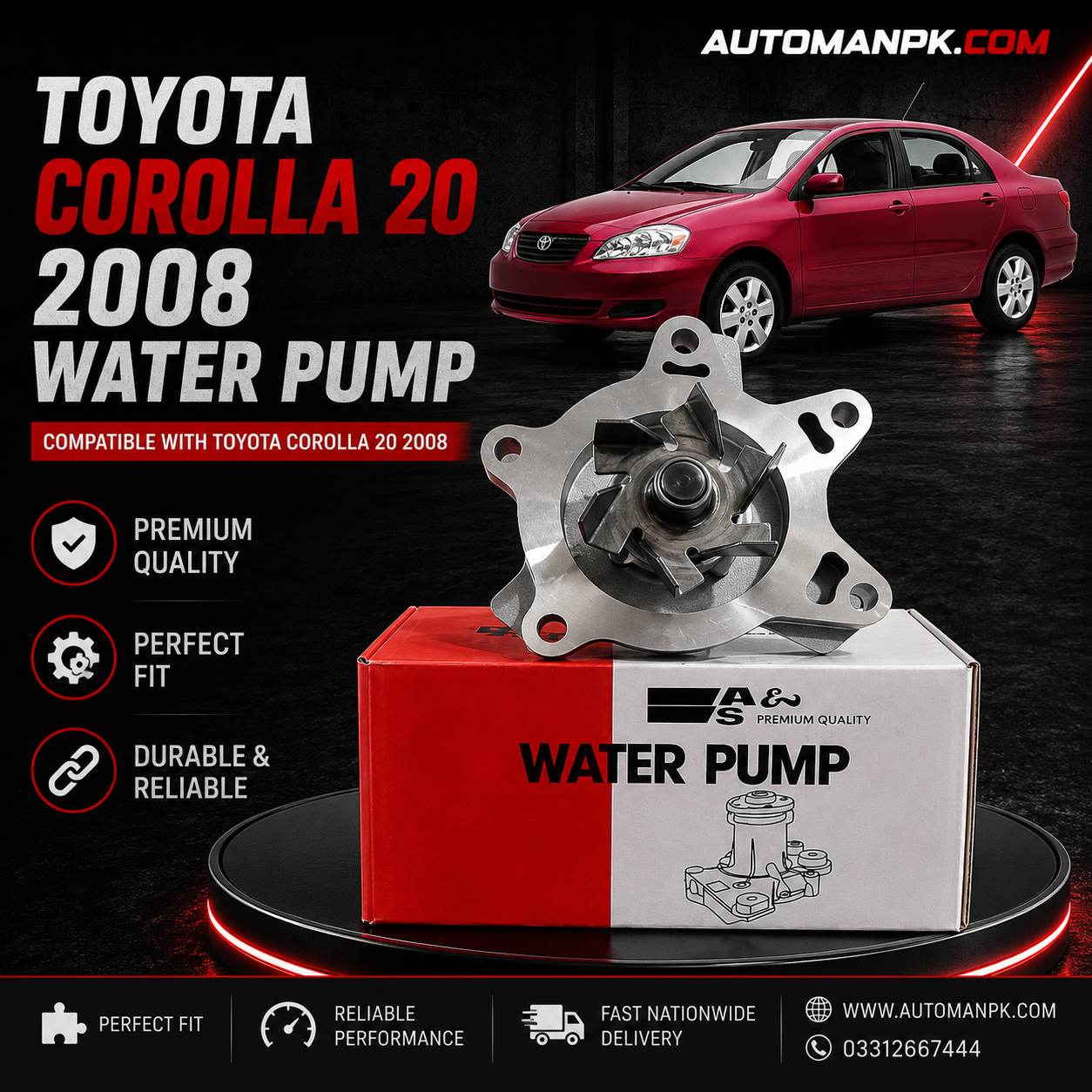 Genuine A&S Water Pump / Water Body for Toyota Corolla 1.3 (2002-2007)