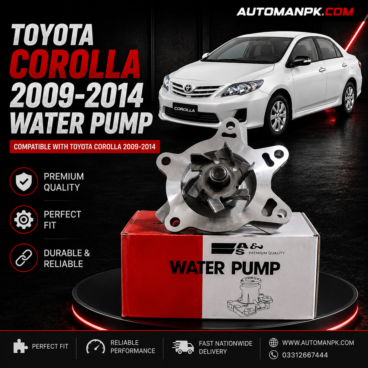Genuine A&S Water Pump / Water Body for Toyota Corolla XLi 1.3 (2009-2014)