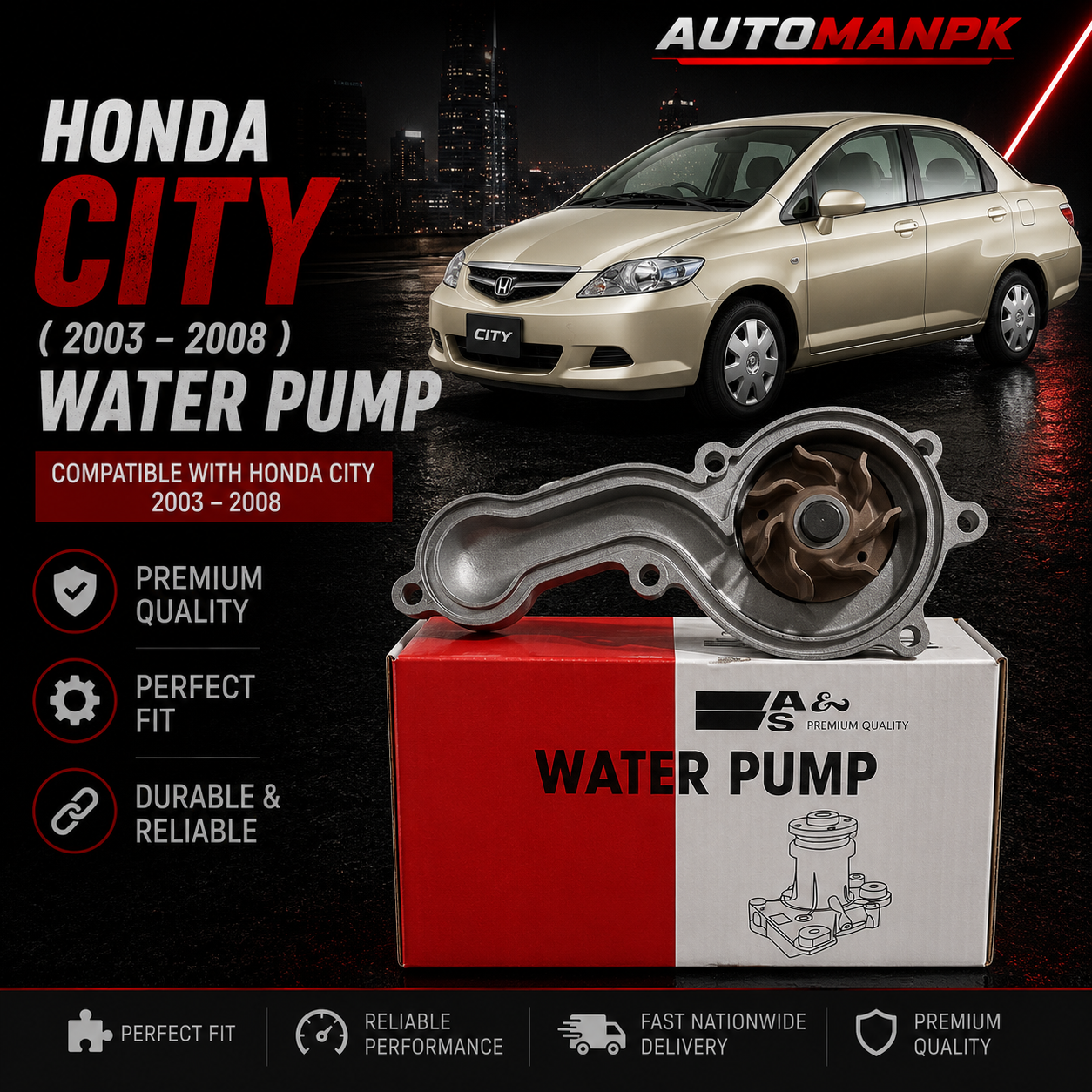 Honda City 2003-2008 Water Pump – A&S GWHO-47A | OEM Quality | Direct Replacement