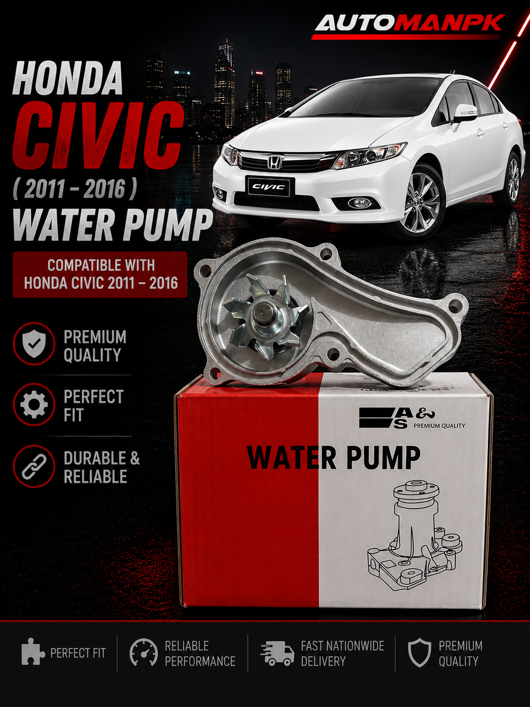 Honda Civic 2011-2015 Water Pump – A&S GWHO-63A FB2 | OEM Quality | Direct Replacement