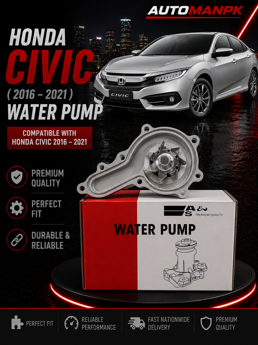 Honda Civic X 2016-2021 Water Pump – A&S GWHO-63A FC6 | OEM Quality | Direct Replacement