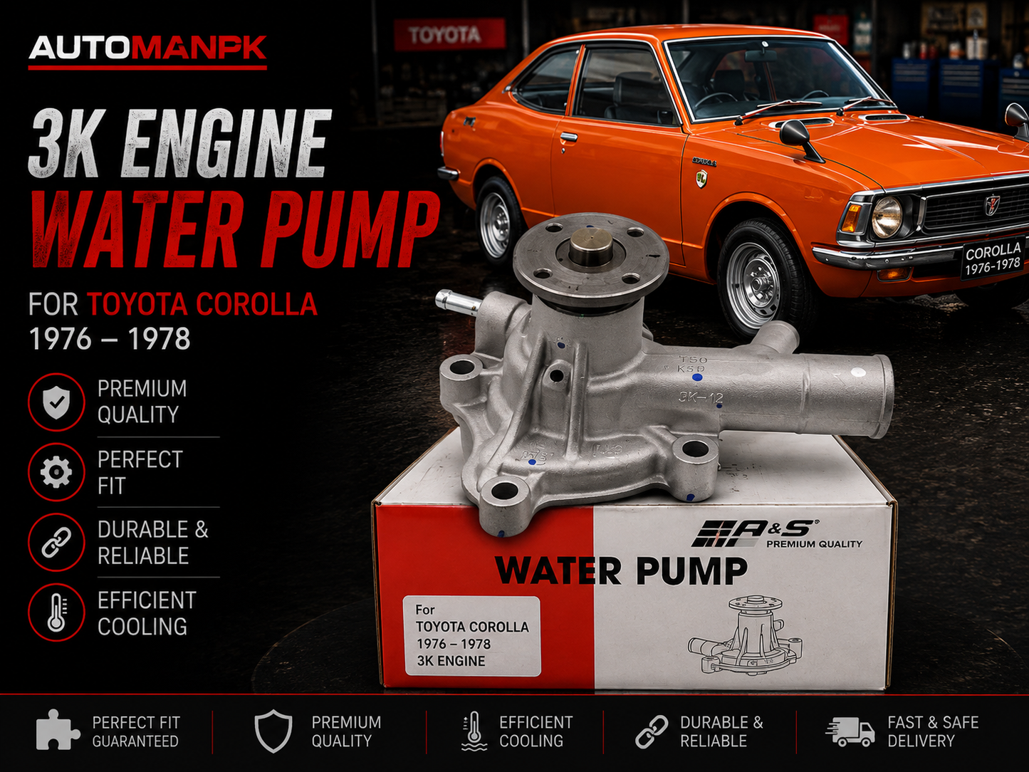 Toyota Corolla 1976-1978 Water Pump – A&S GWT-10A 3K Engine | OEM Quality | Direct Replacement