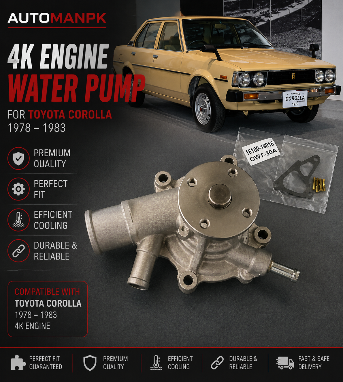 Toyota Corolla 1978-1983 Water Pump – A&S GWT-30A 4K Engine | OEM Quality | Direct Replacement