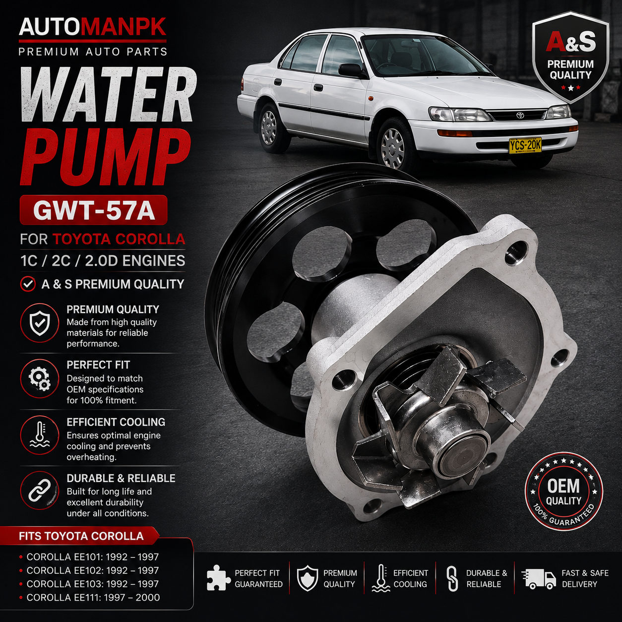 Toyota Water Pump – A&S GWT-57A | 1C / 2C / 2.0D Diesel Engine | Corolla Camry Carina LiteAce | OEM Quality