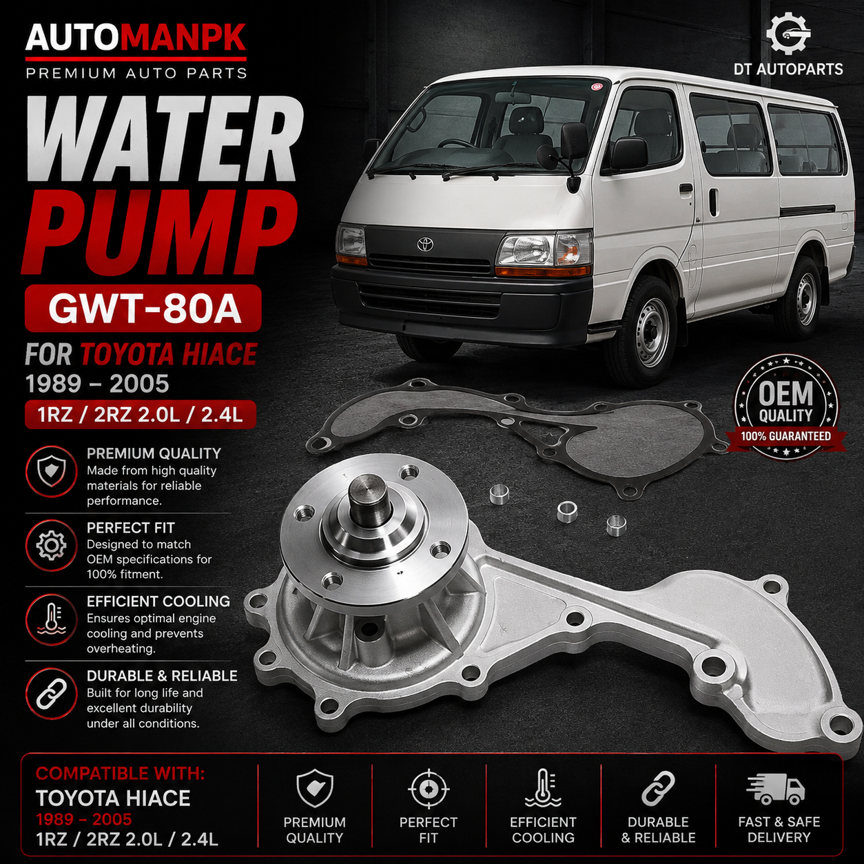 Toyota Hiace 1989-2005 Water Pump – A&S GWT-85A | 1RZ / 2RZ Engine | OEM Quality | Direct Replacement
