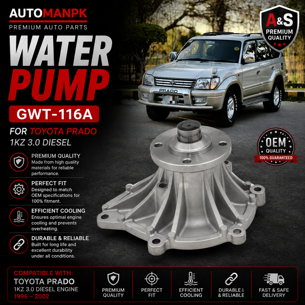 Toyota Prado Water Pump – A&S GWT-116A | 1KZ-TE Diesel Engine | OEM Quality | Direct Replacement