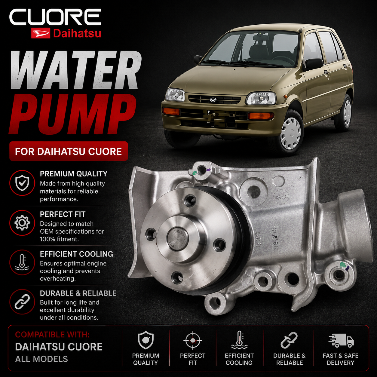 Daihatsu Coure Water Pump – A&S GWD-36A | OEM Quality | Direct Replacement