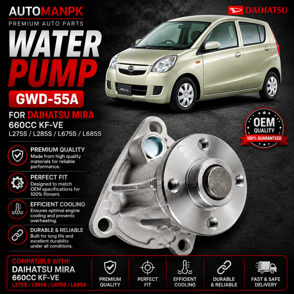 Daihatsu Mira 2007-2012 Water Pump – A&S GWD-55A | OEM Quality | Direct Replacement