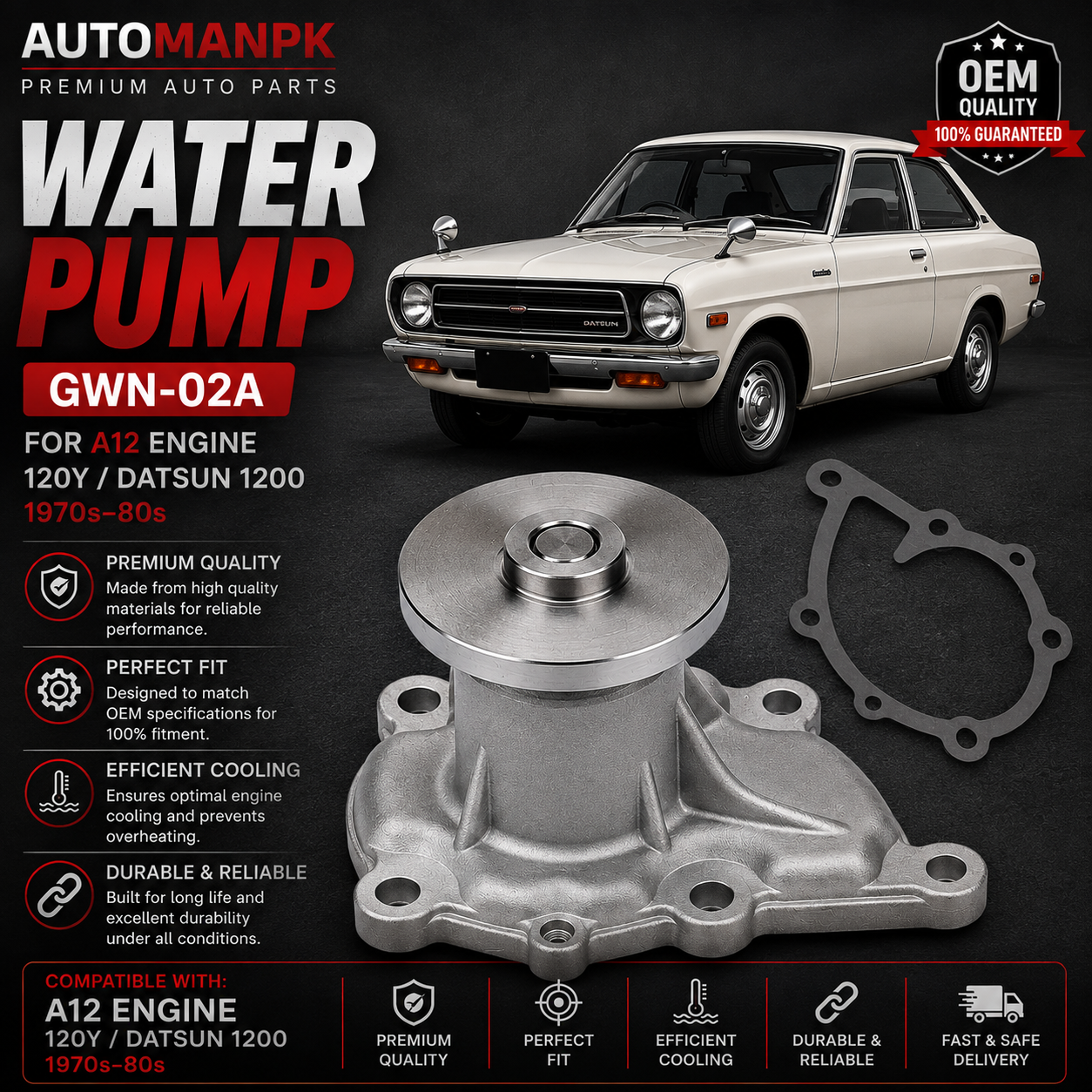 Nissan Sunny Water Pump – A&S GWN-02A | A12 / 120Y Engine | OEM Quality | Direct Replacement