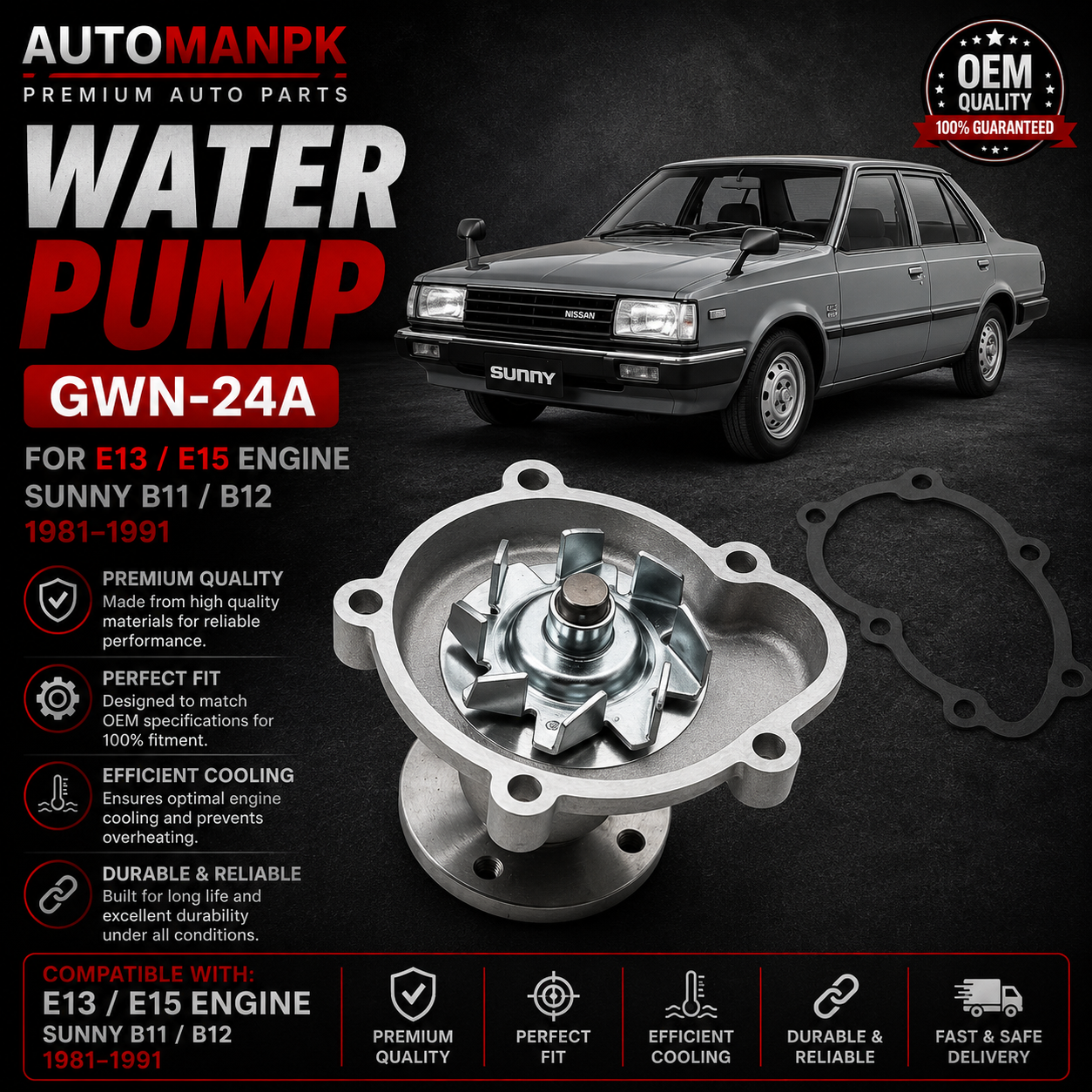 Nissan Sunny 1981-1991 Water Pump – A&S GWN-24A | B11 / B12 | OEM Quality | Direct Replacement