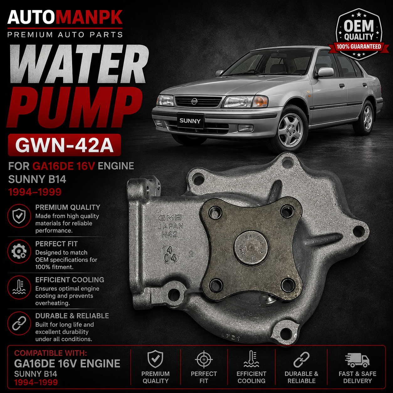 Nissan Water Pump – A&S GWN-42A | GA16DE 16-Valve Engine | OEM Quality | Direct Replacement