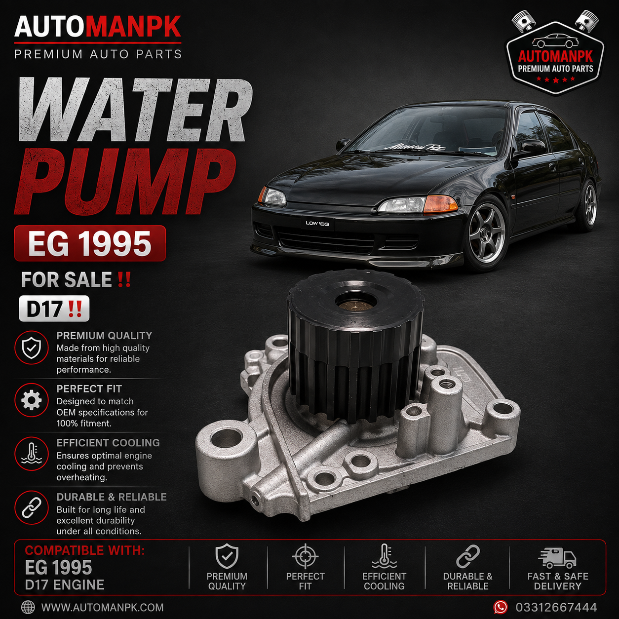 Honda Civic 1991-1995 Water Pump – A&S GWHO-26A | OEM Quality | Direct Replacement