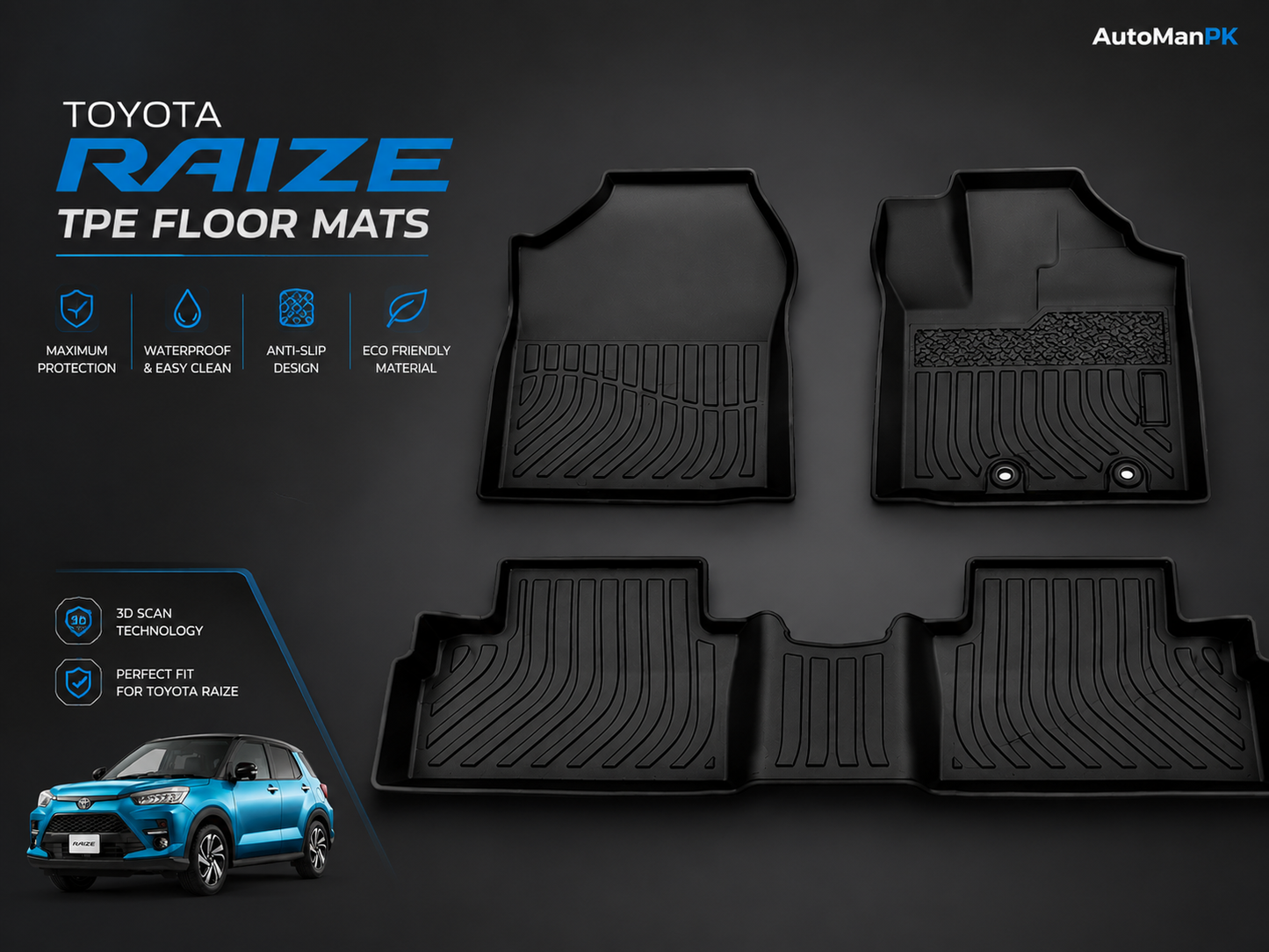 Toyota Raize TPE Floor Mats – 3 Pcs | Waterproof | Anti-Slip | Custom Fit